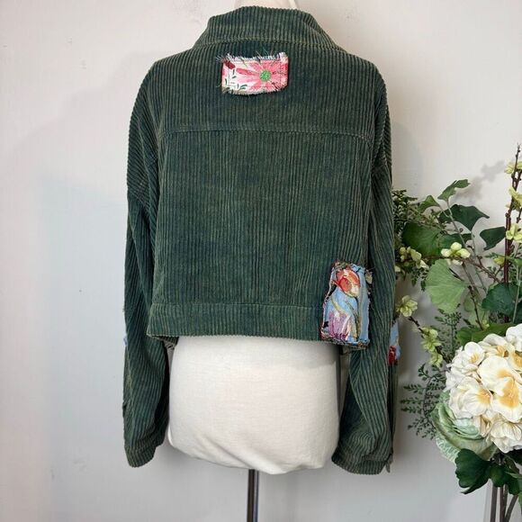 POL Corduroy Floral Patchwork Jacket | Large | Green Button Front - Picture 5 of 10
